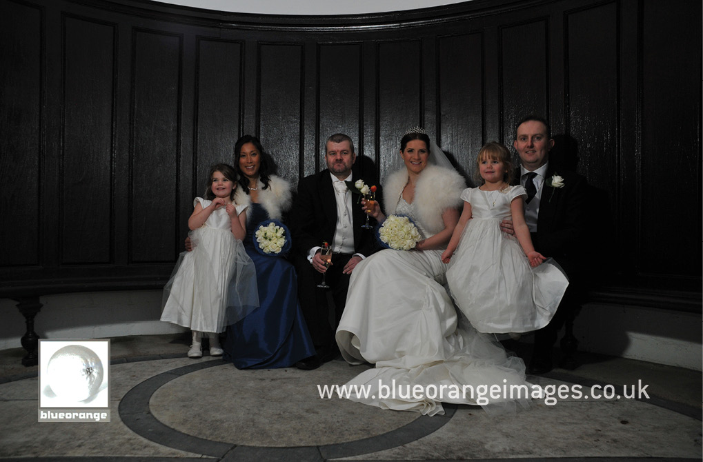 The bridal party (bride, groom, bestman, bridesmaid and flower girls