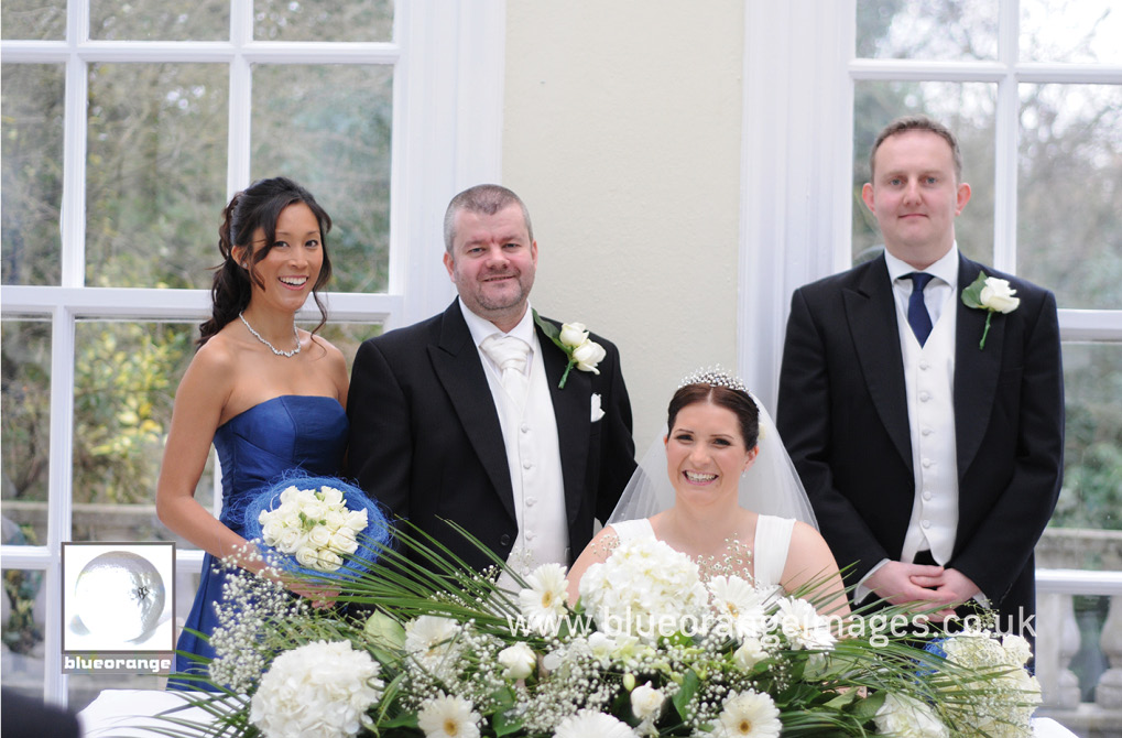 Hunton Park wedding – in The Orangery, the bride, the groom, the bridesmaid and the bestman