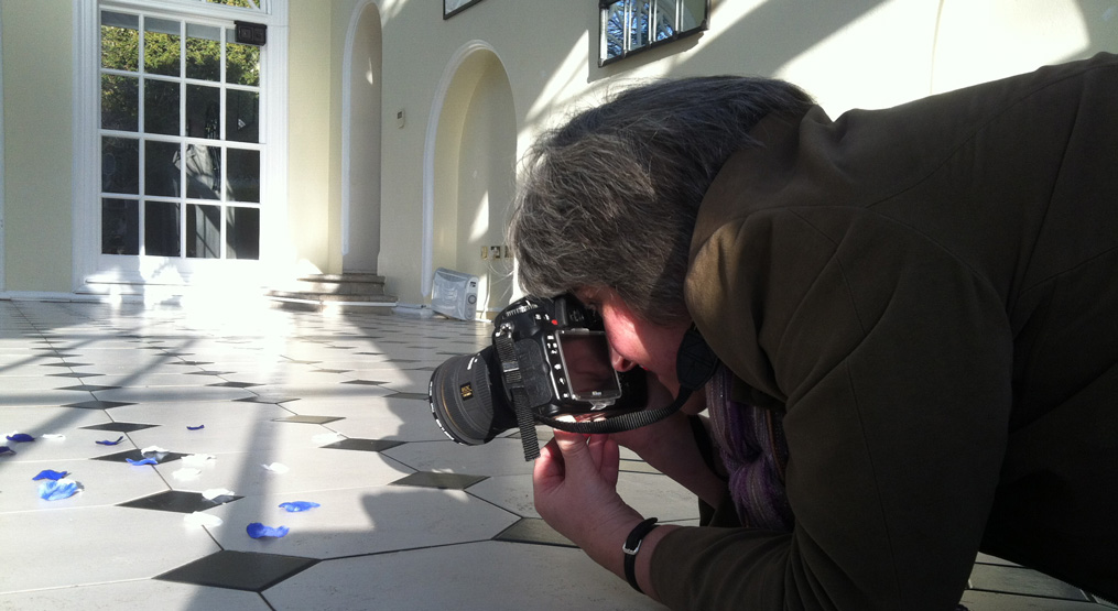 Edna photographing petals in the Orangery, Hunton Park’s beautiful wedding ceremony venue (in Abbots Langley, north Watford)
