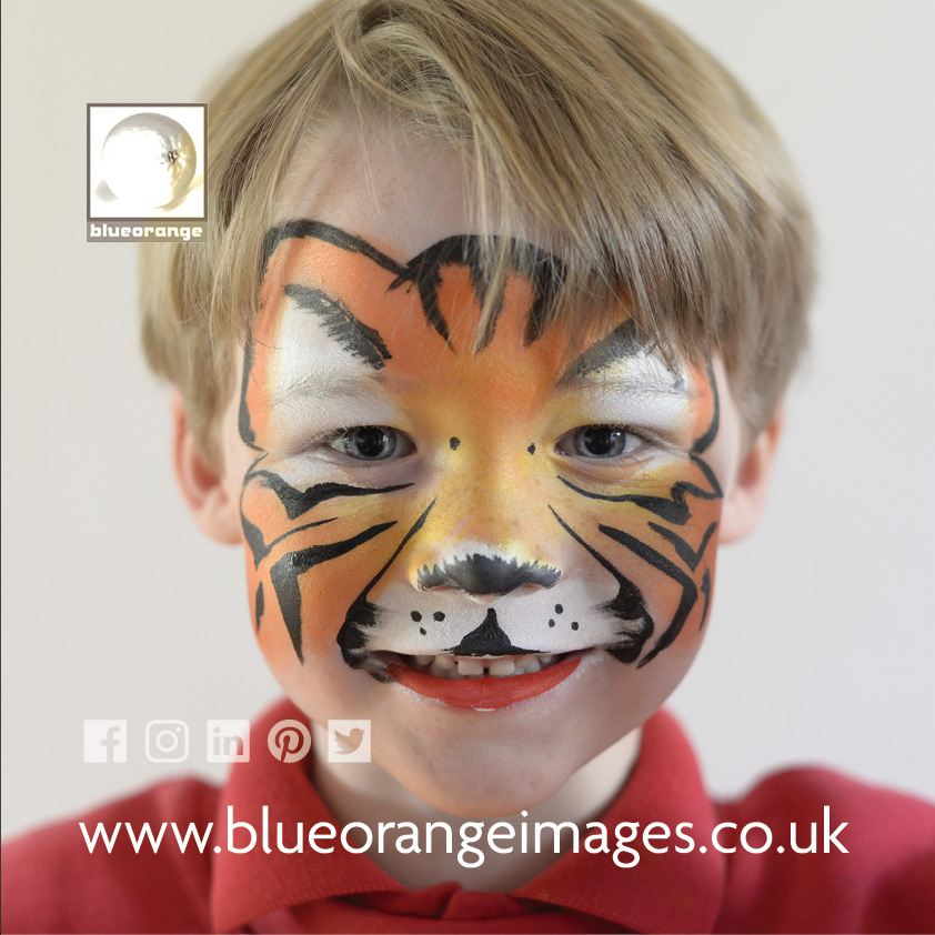 Face painting tiger design, Blue Orange Images, Abbots Langley, Herts WD5