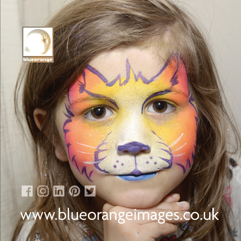 Fun cat face painting design, Blue Orange Images, Watford