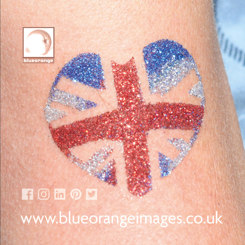 Glitter tattoos British flag design, Blue Orange Images, Watford
