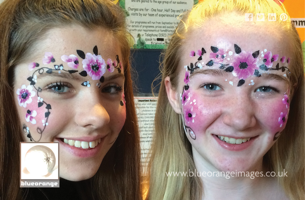 Watford face painter & glitter tattoos, pink and and white flower design